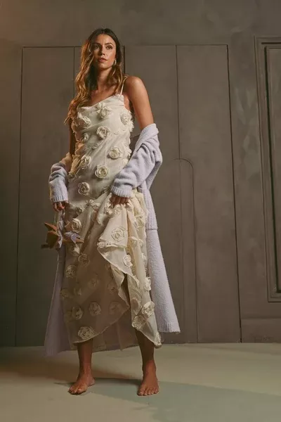 3D Applique Cowl Neck Rose Maxi Dress
