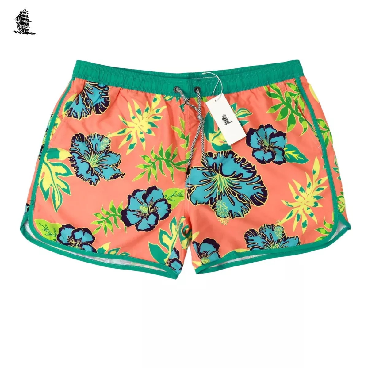 4.5 Inch Inseam Vintage Bluebird Hibiscus Swim Trunks