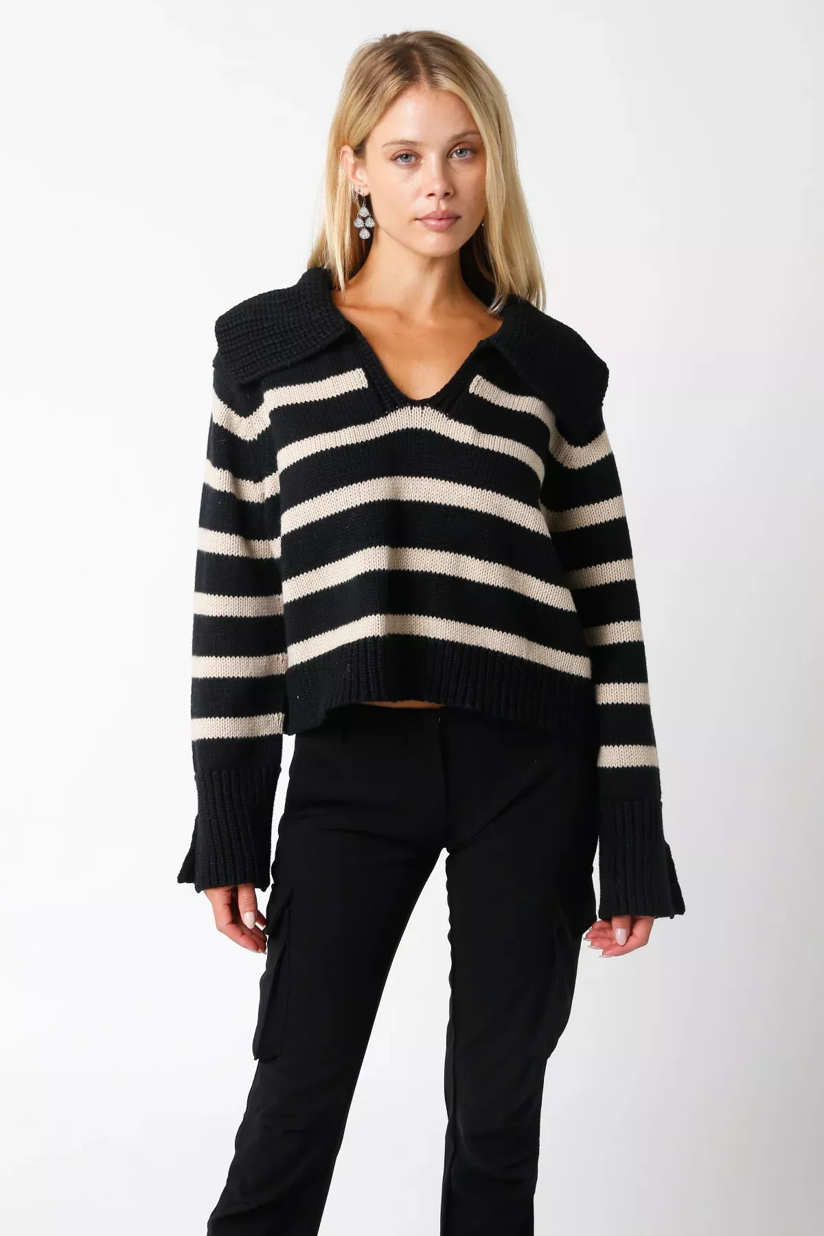 Addison Black and Khaki Striped Collared Sweater | Boho Pink