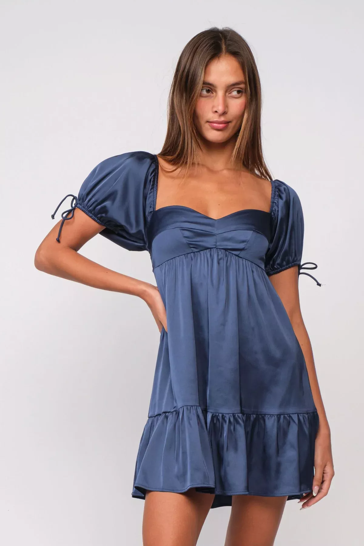 Addison Navy Puff-Sleeve Mini Dress | Boho Pink