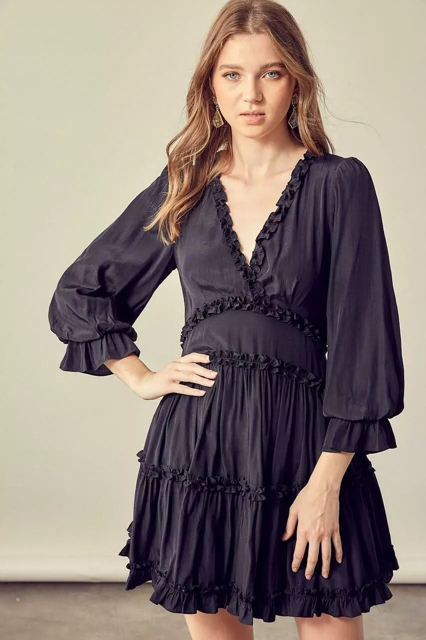 Adele Black Long Sleeve Ruffle Mini Dress | Boho Pink