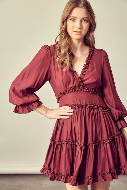 Adele Wine Long Sleeve Ruffle Mini Dress | Boho Pink