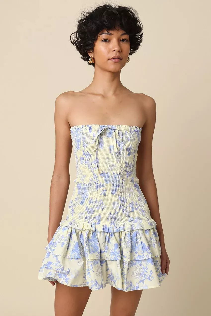 Aimee Cream & Blue Floral Strapless Mini Dress | Boho Pink