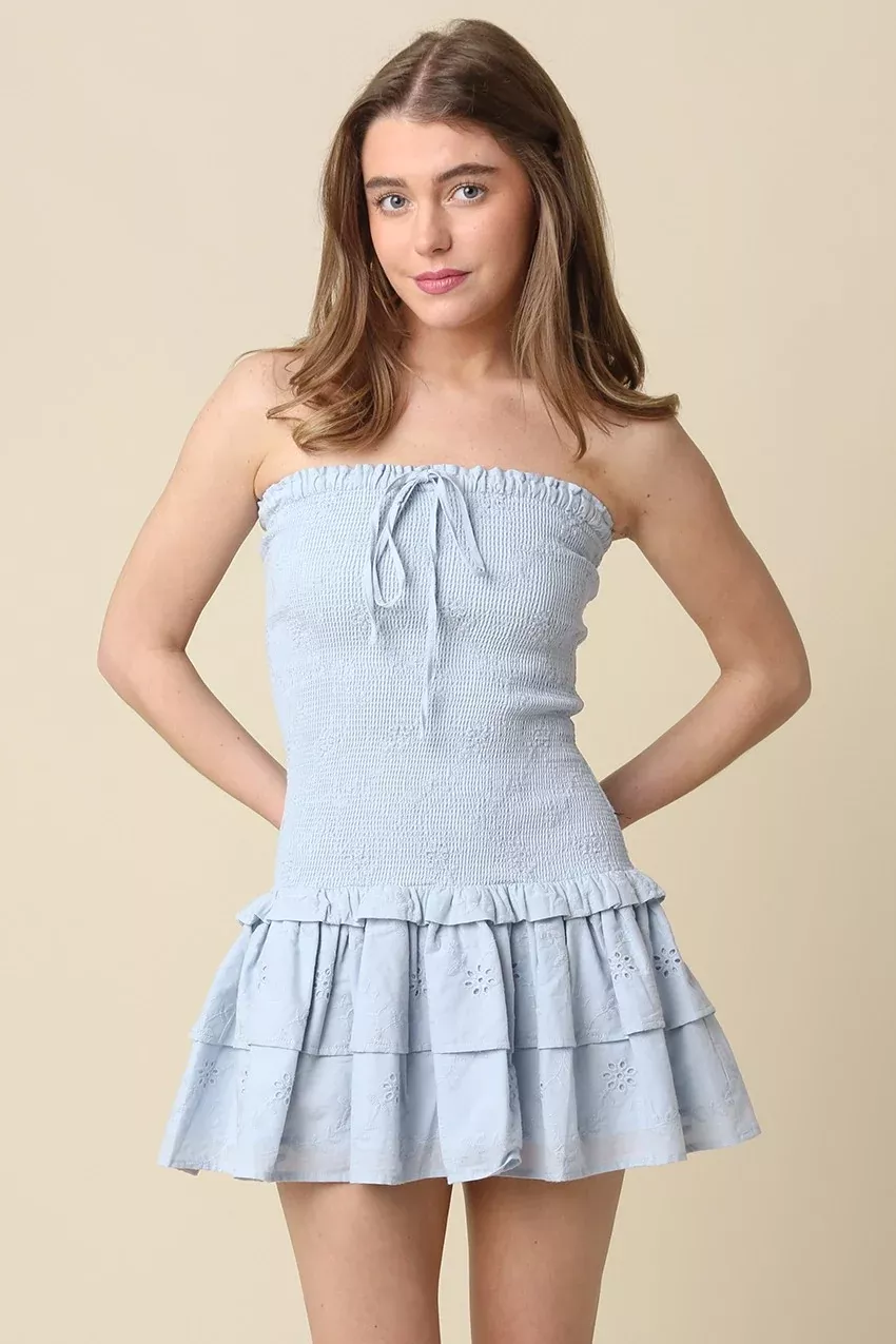 Aimee Light Blue Eyelet Strapless Mini Dress | Boho Pink