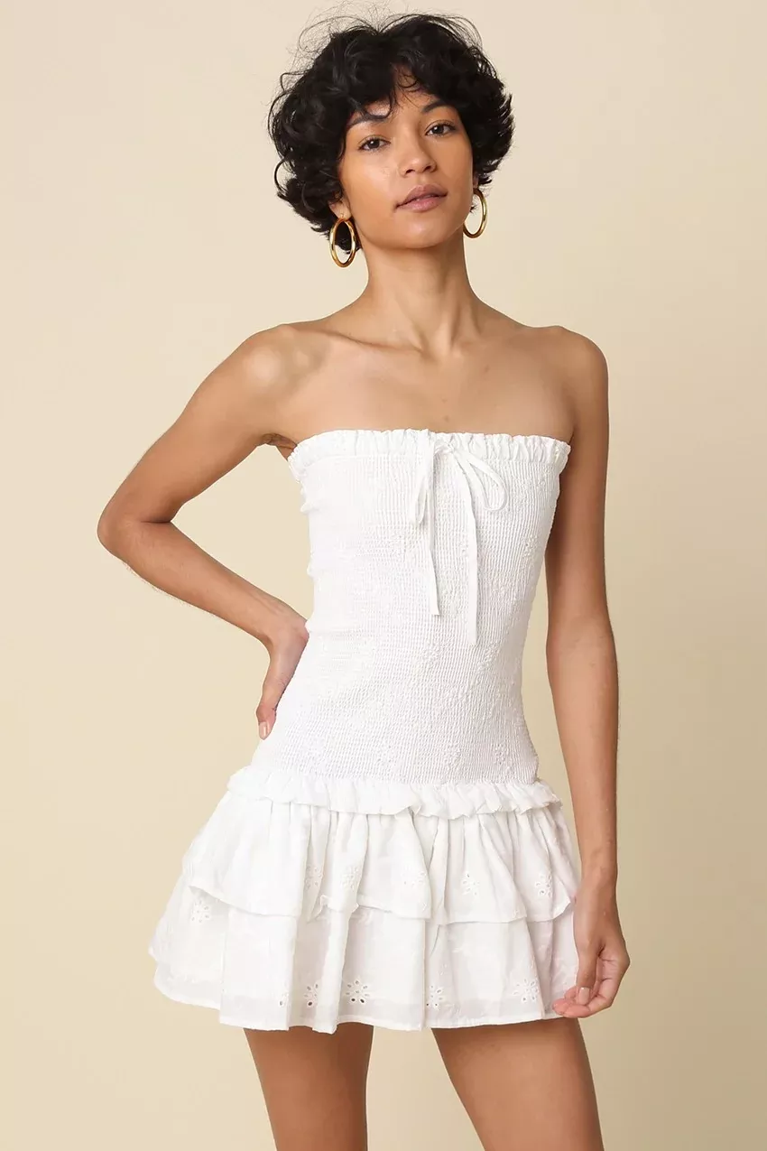 Aimee White Eyelet Strapless Mini Dress | Boho Pink