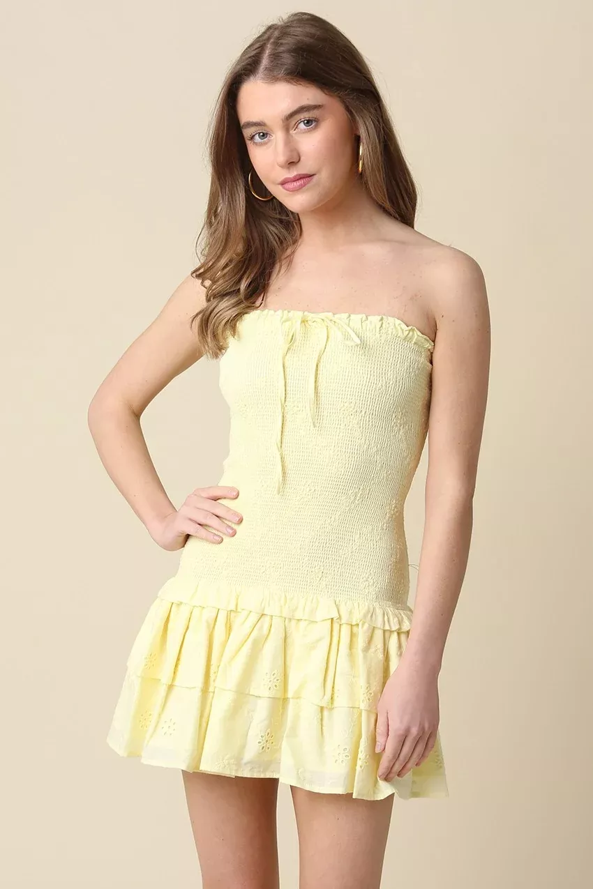 Aimee Yellow Eyelet Strapless Mini Dress | Boho Pink