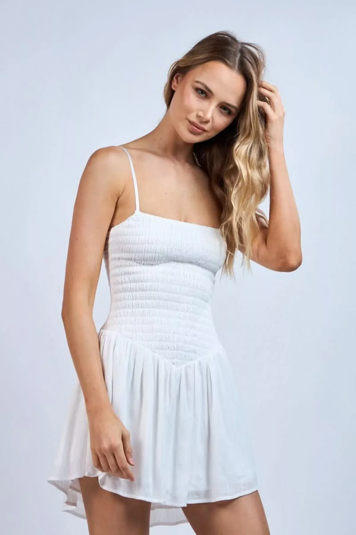 Ainsley White Smocked Cami Mini Dress | Boho Pink