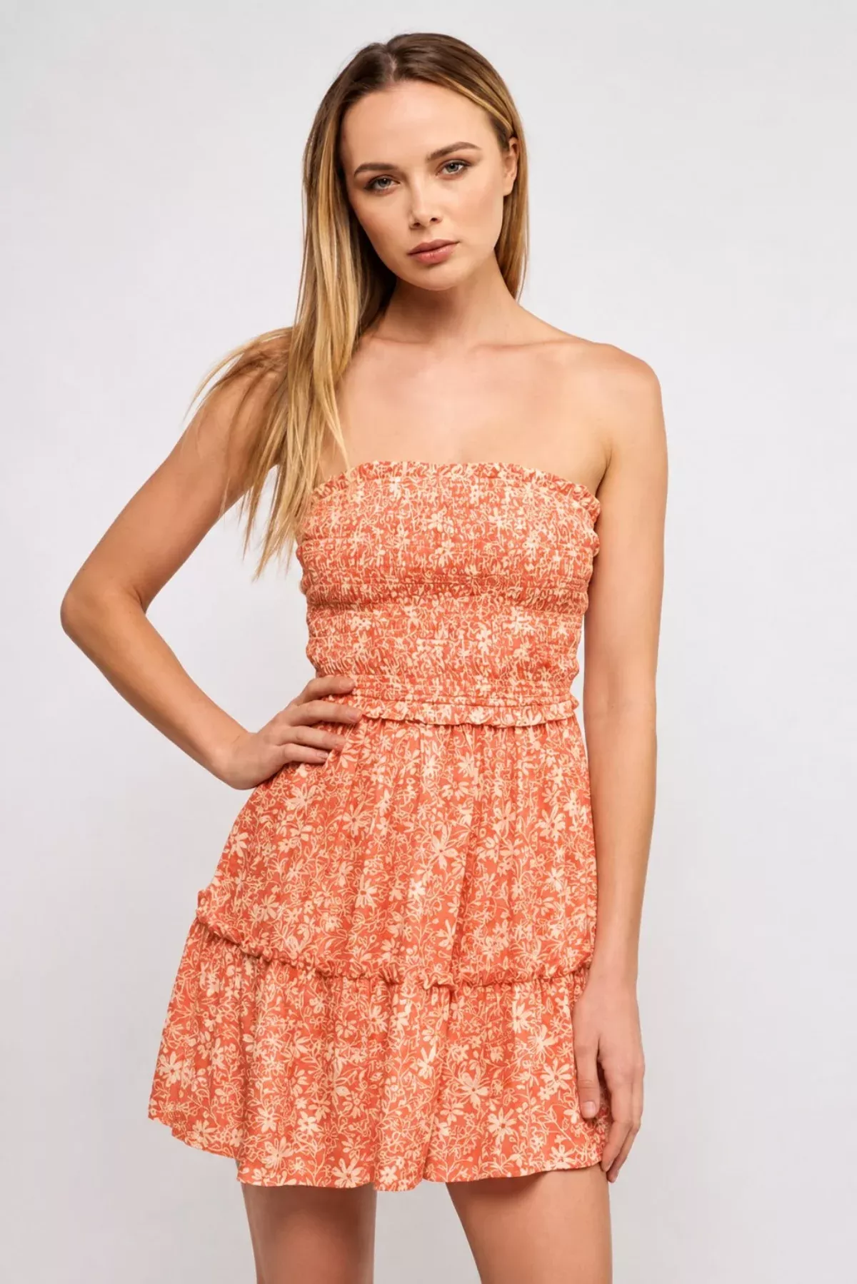 Alana Orange Floral Strapless Mini Dress | Boho Pink