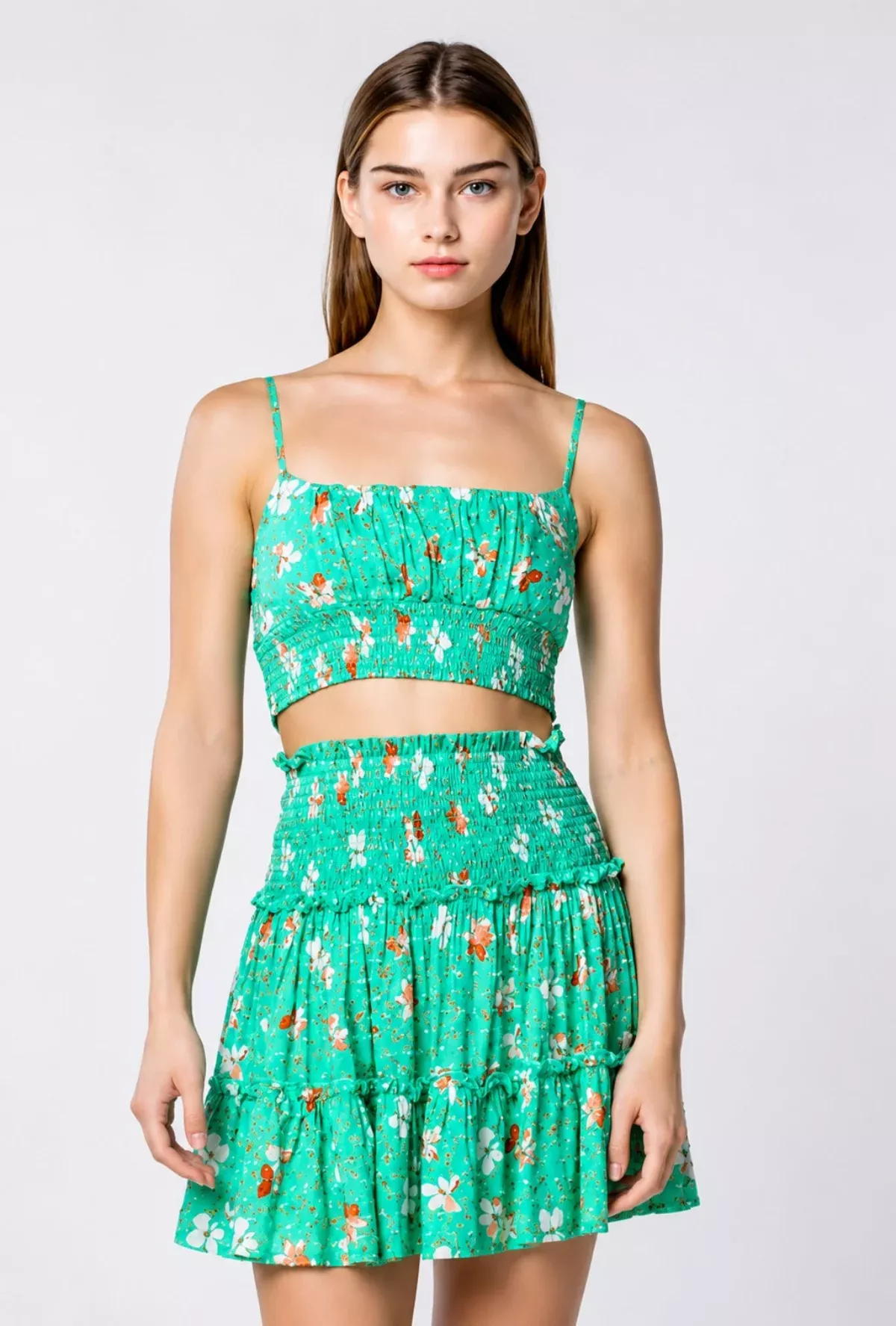 Ali Biscay Green Floral Print Smocked Two-Piece Dress Set | Boho Pink