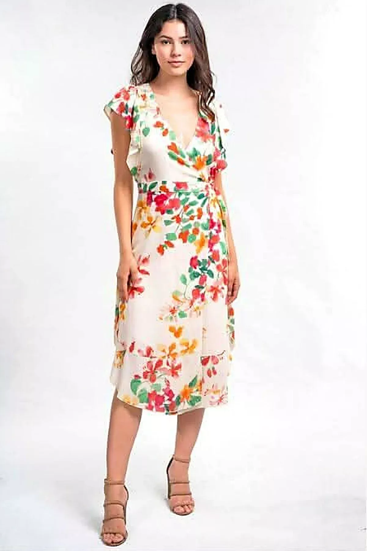 All In Bloom Cream Floral Print Midi Wrap Dress | Boho Pink