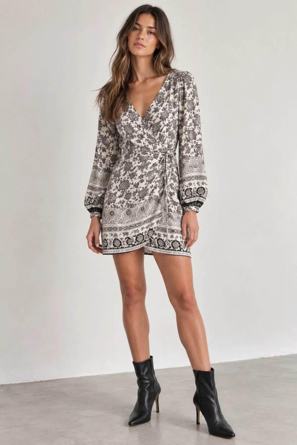 All Out Taupe Floral Wrap Mini Dress | Boho Pink