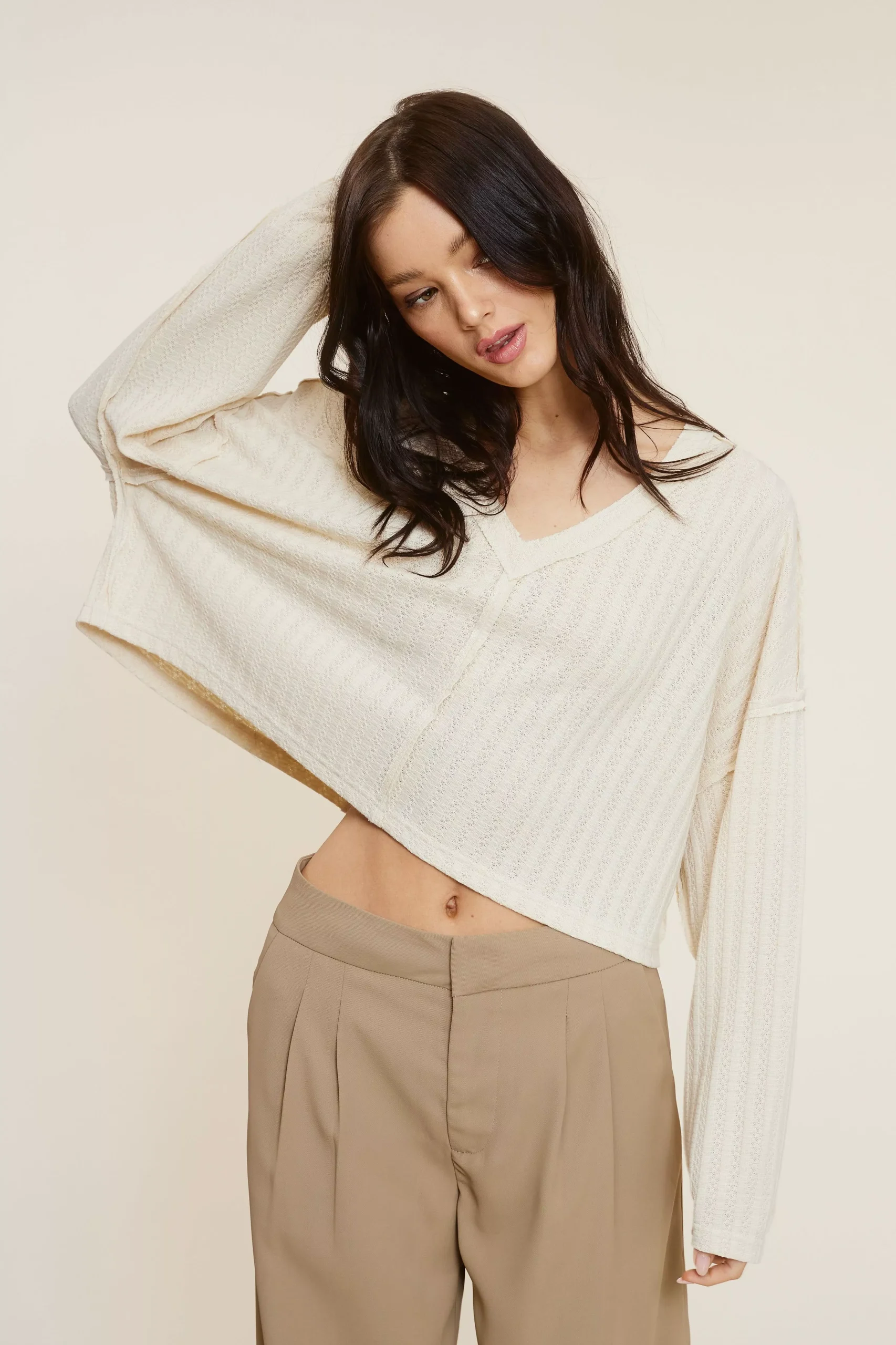 All The Way Beige Long Sleeve Crop Top | Boho Pink