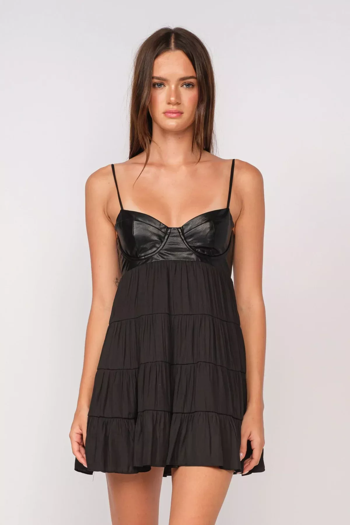 Allie Black Vegan Leather Babydoll Mini Dress | Boho Pink