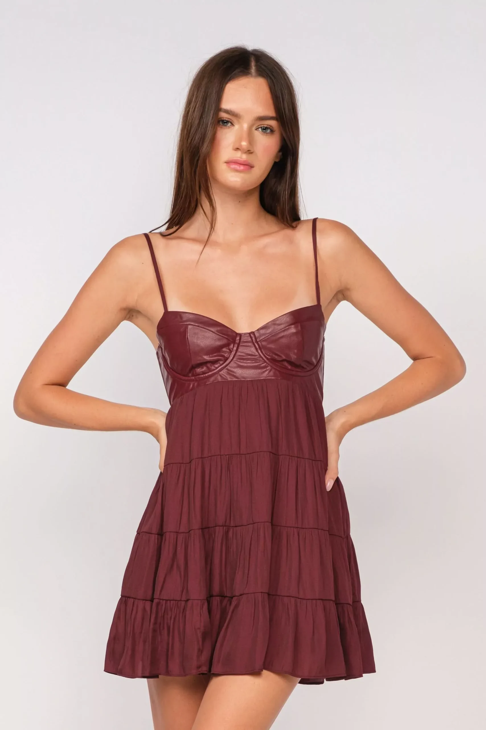 Allie Brick Vegan Leather Babydoll Mini Dress | Boho Pink