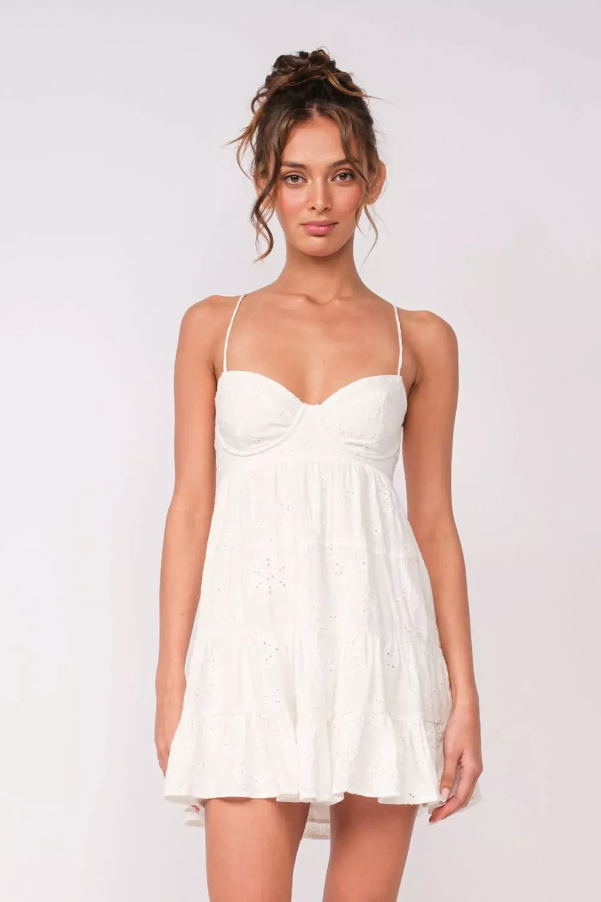 Allie White Eyelet Babydoll Mini Dress | Boho Pink