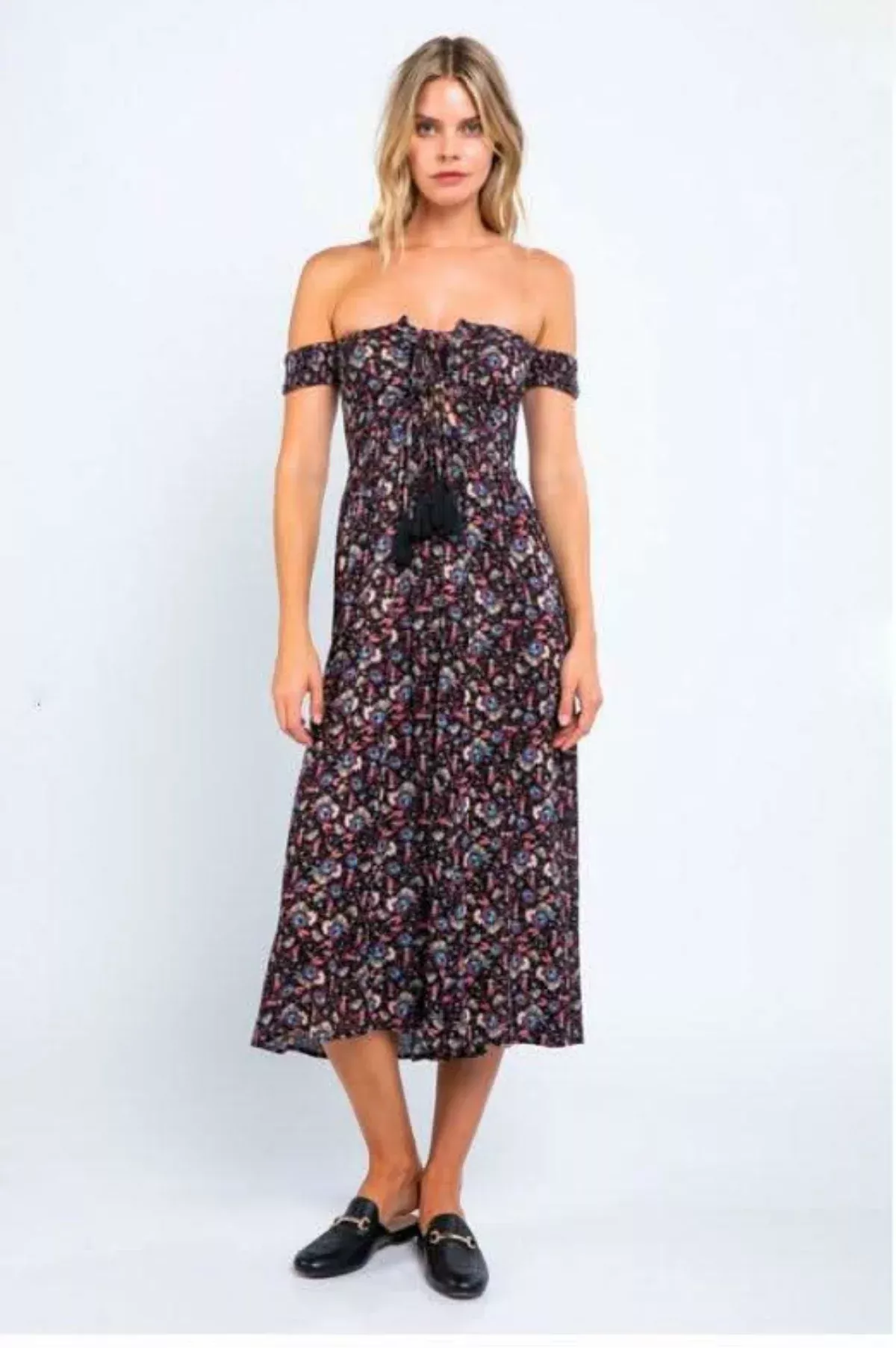 Allison Off-the-Shoulder Black Floral Print Jumpsuit | Boho Pink
