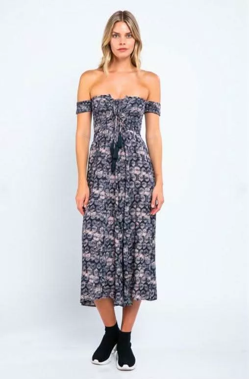 Allison Off-the-Shoulder Navy and Blush Print Jumpsuit | Boho Pink
