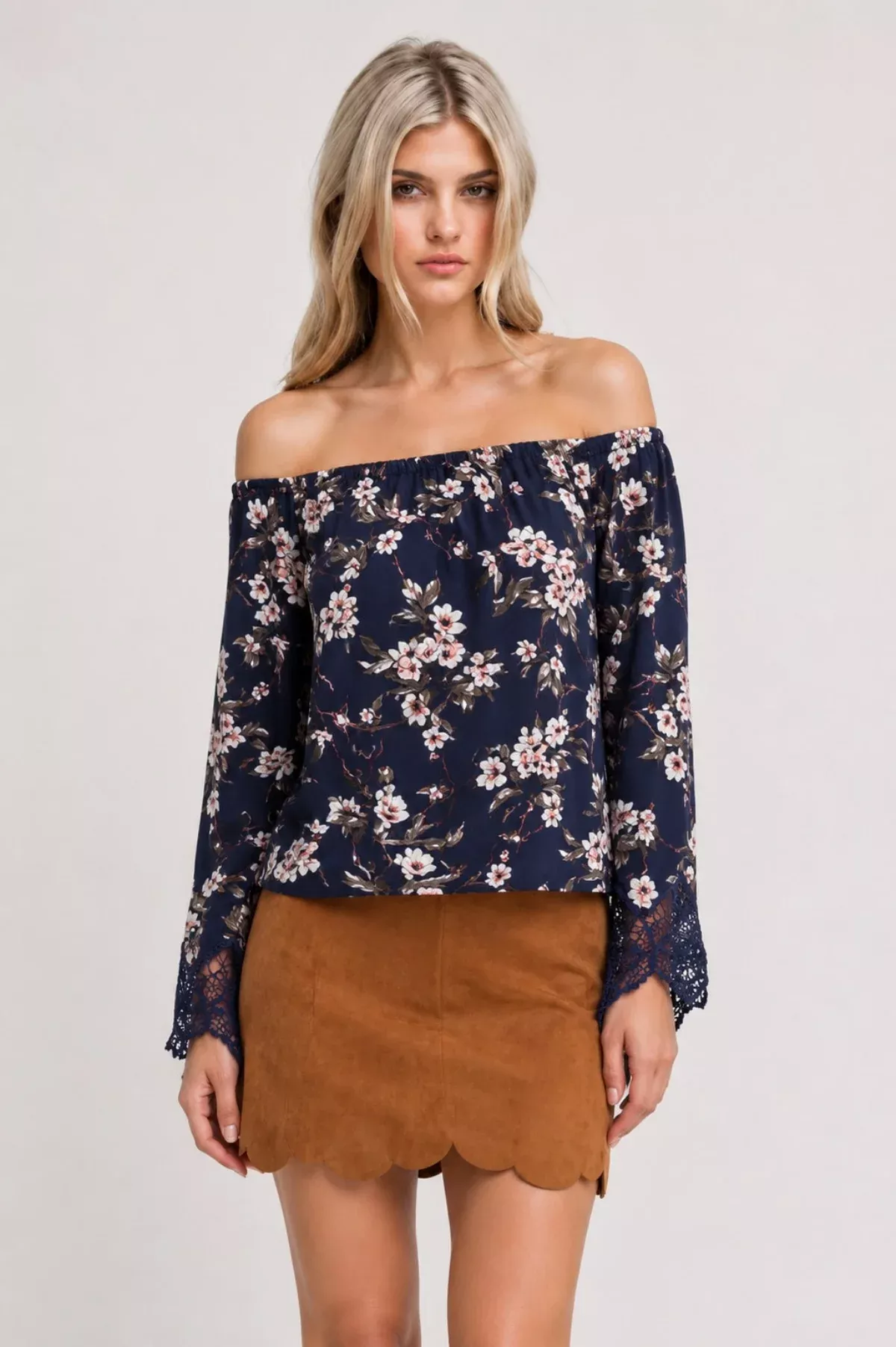 Always and Forever Navy Floral Off-the-Shoulder Top | Boho Pink