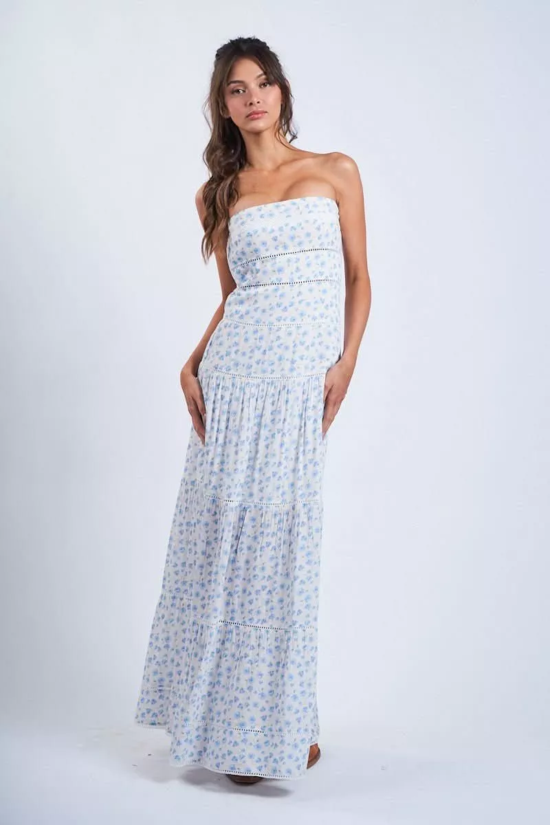 Amalfi White and Blue Ditsy Floral Maxi Dress | Boho Pink