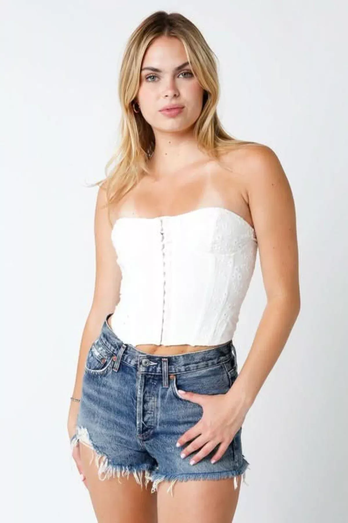 Amalfi White Eyelet Bustier Crop Top | Boho Pink