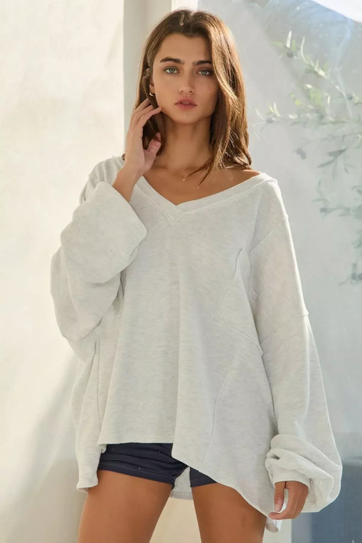Amber Grey Oversized V-Neck Sweatshirt | Boho Pink