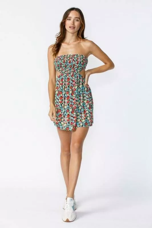 Ambrosia Blue and Red Floral Print Strapless Mini Dress | Boho Pink