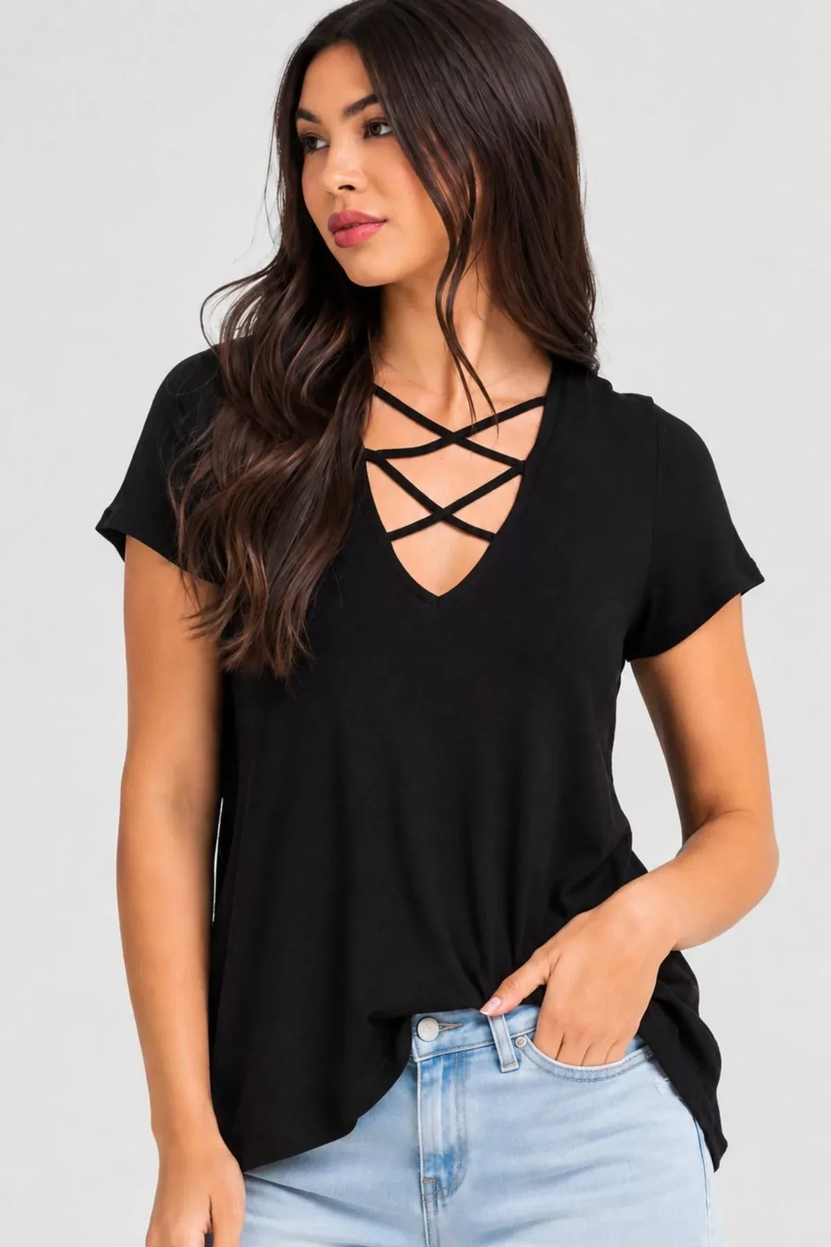 Amelia Black Double Strap Tee | Boho Pink