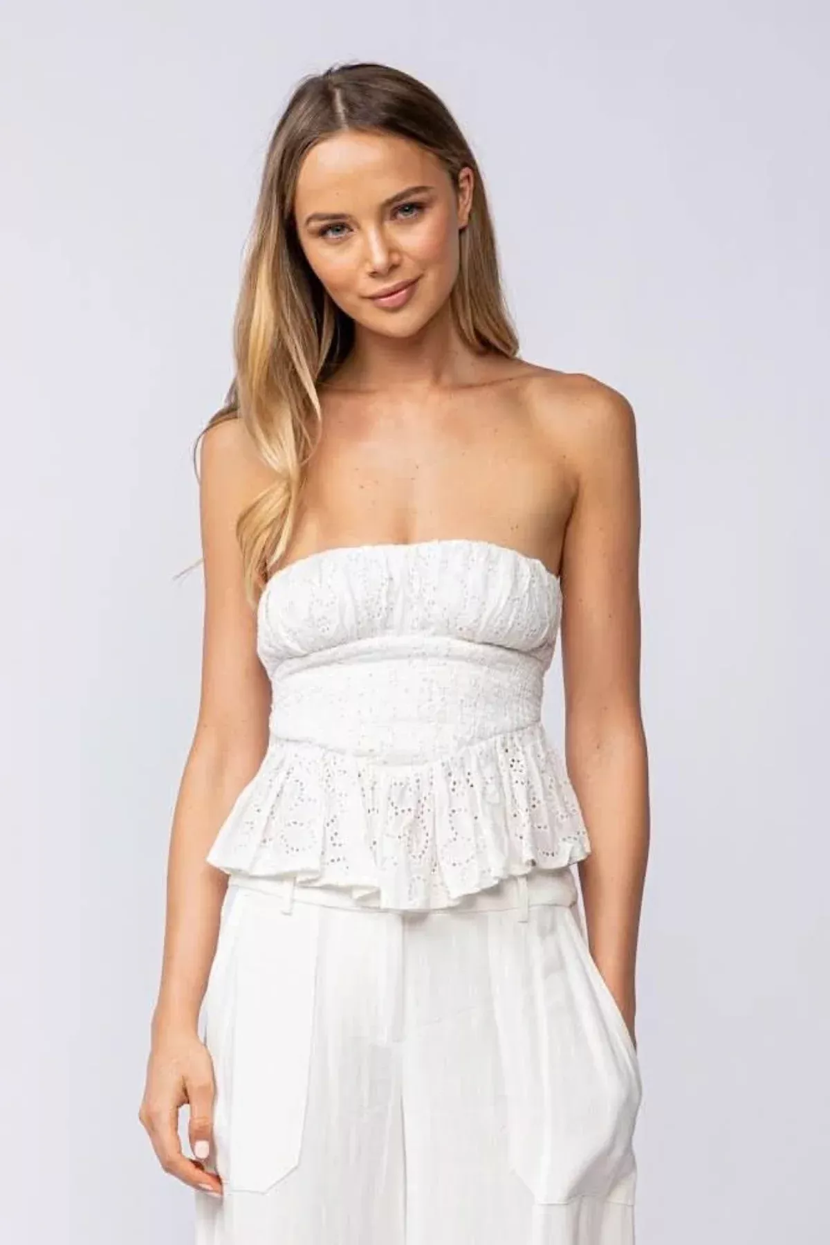 Amelia White Eyelet Strapless Top | Boho Pink