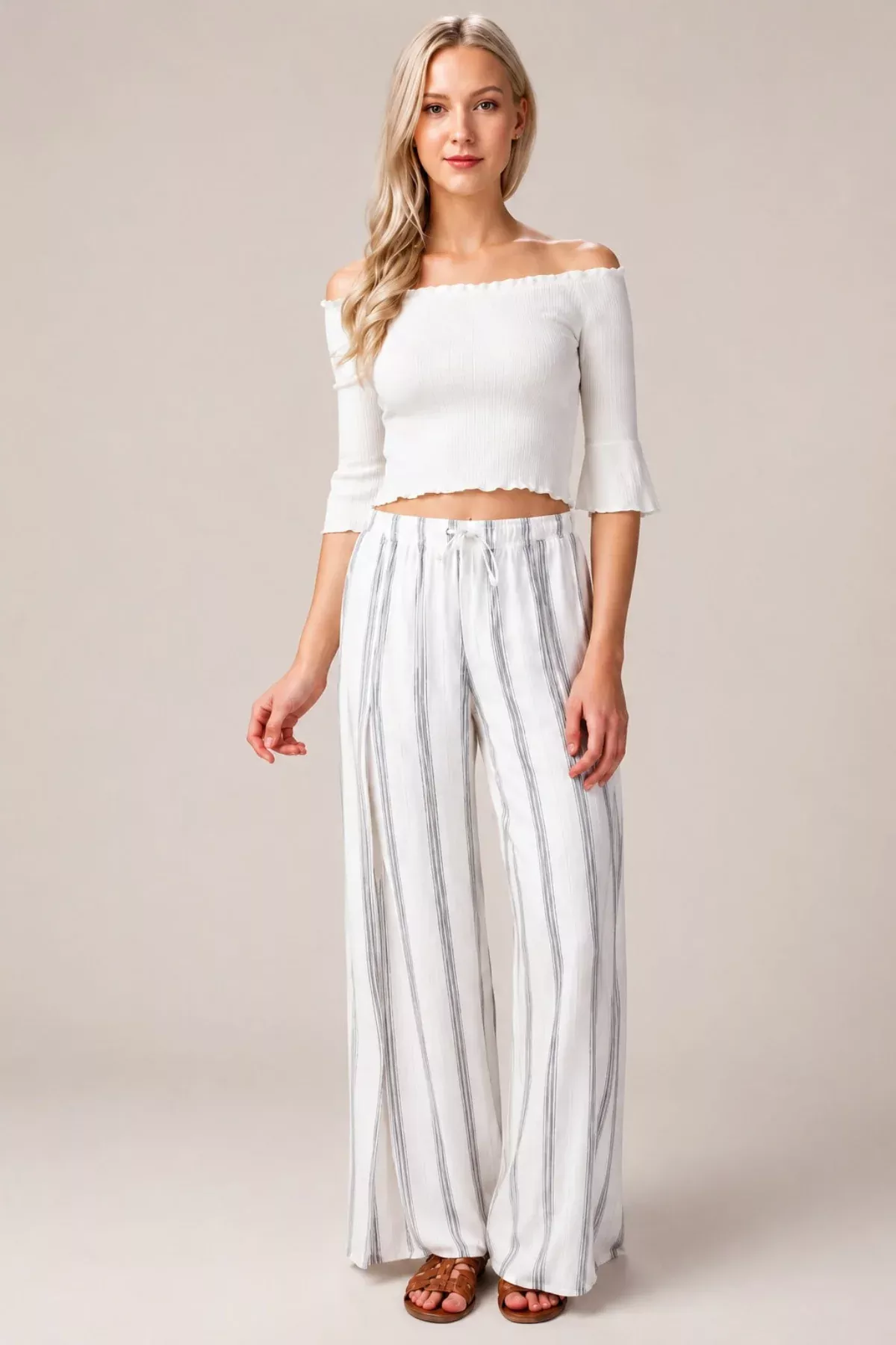 Amelia White Striped Drawstring Pants | Boho Pink