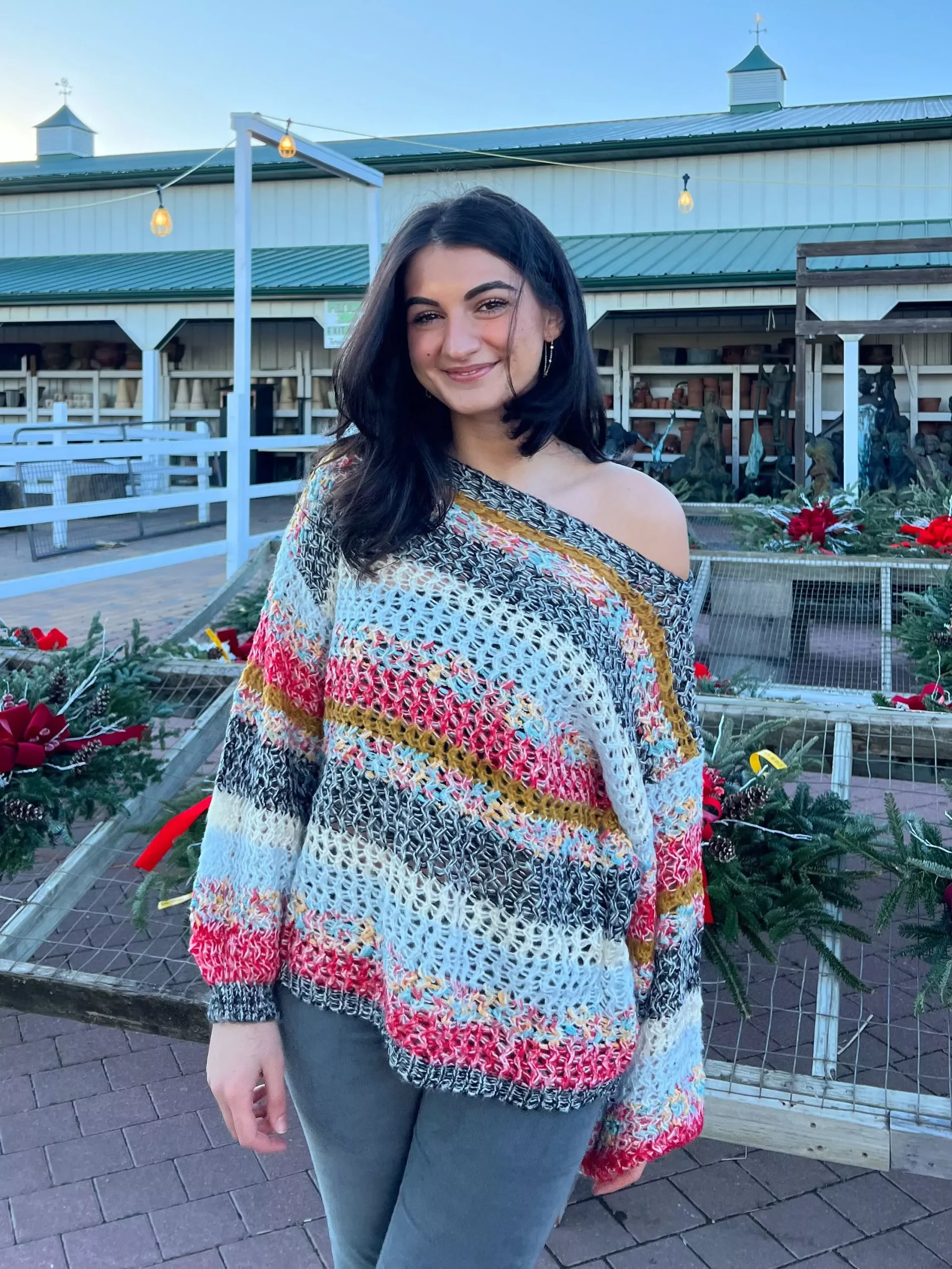 Andie Multi Color Striped Oversized Sweater | Boho Pink