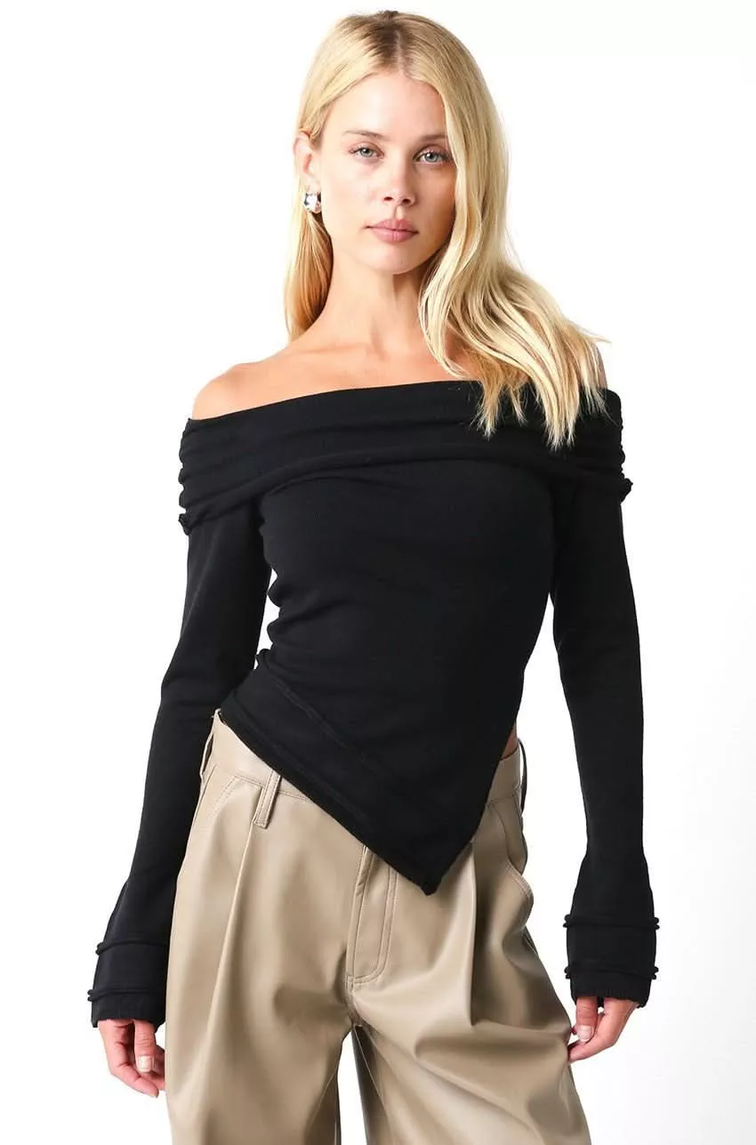 Andrea Black Off Shoulder Asymmetric Sweater Top | Boho Pink
