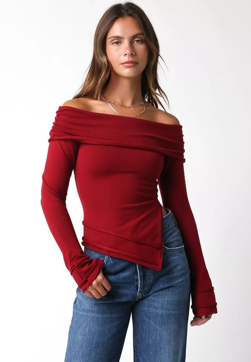 Andrea Red Off Shoulder Asymmetric Sweater Top | Boho Pink