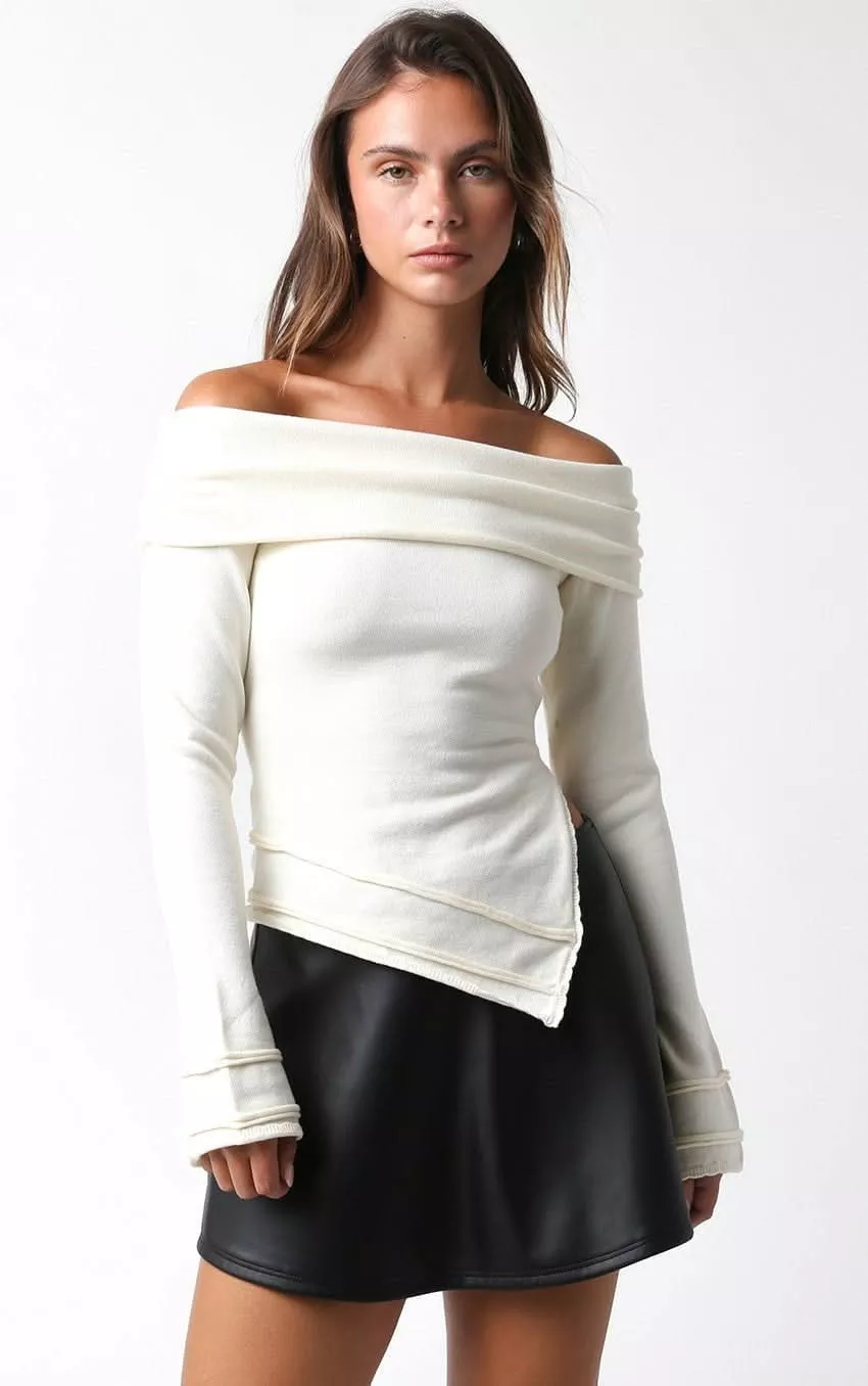 Andrea White Off Shoulder Asymmetric Sweater Top | Boho Pink