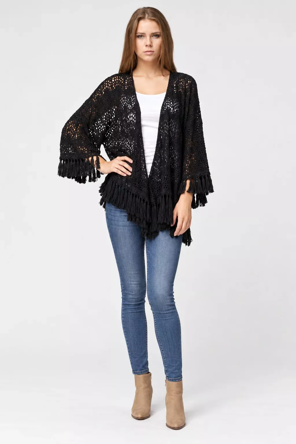 Andree Black Crochet Fringe Kimono | Boho Pink