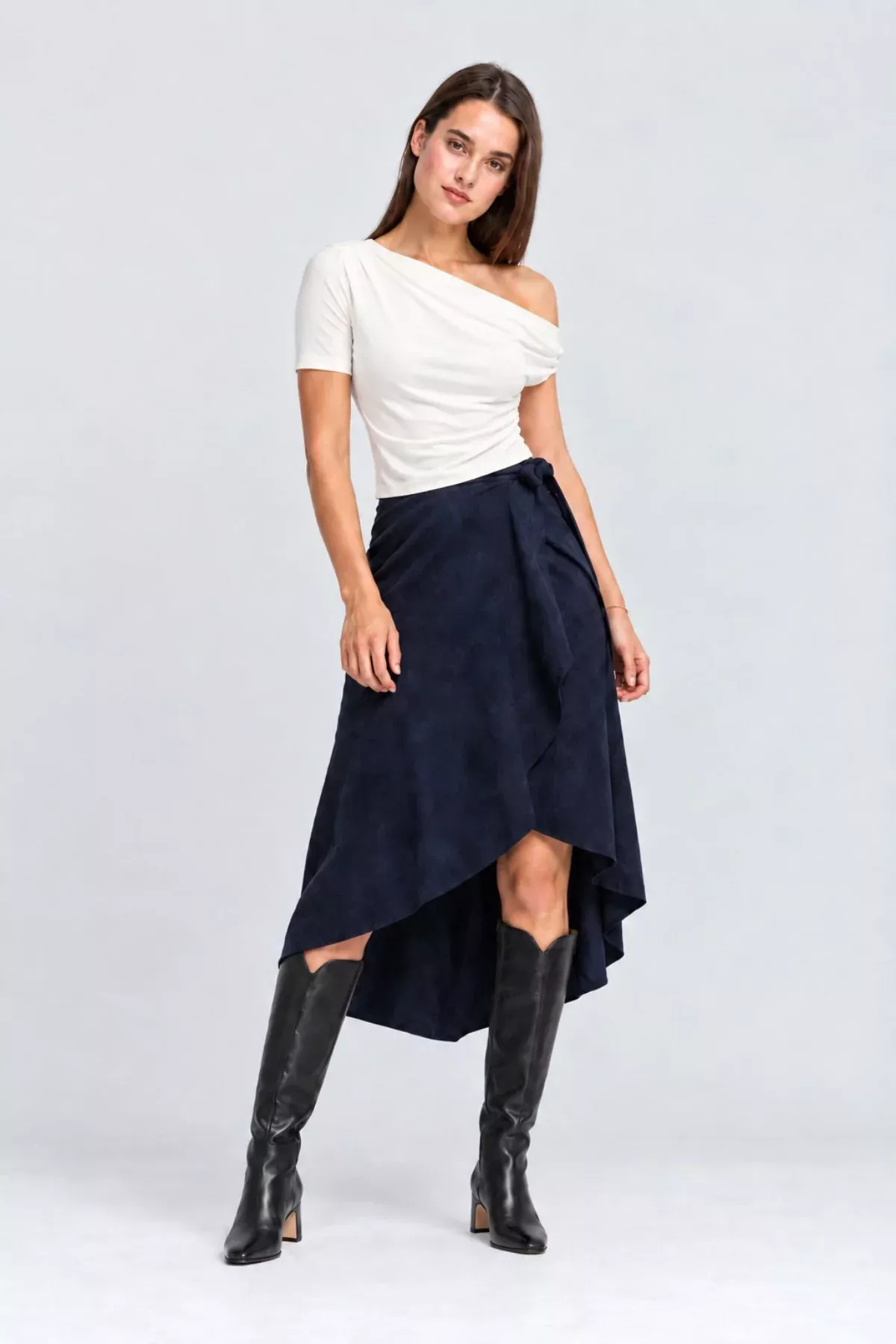 Anemone Navy Midi Suede Wrap Skirt | Boho Pink