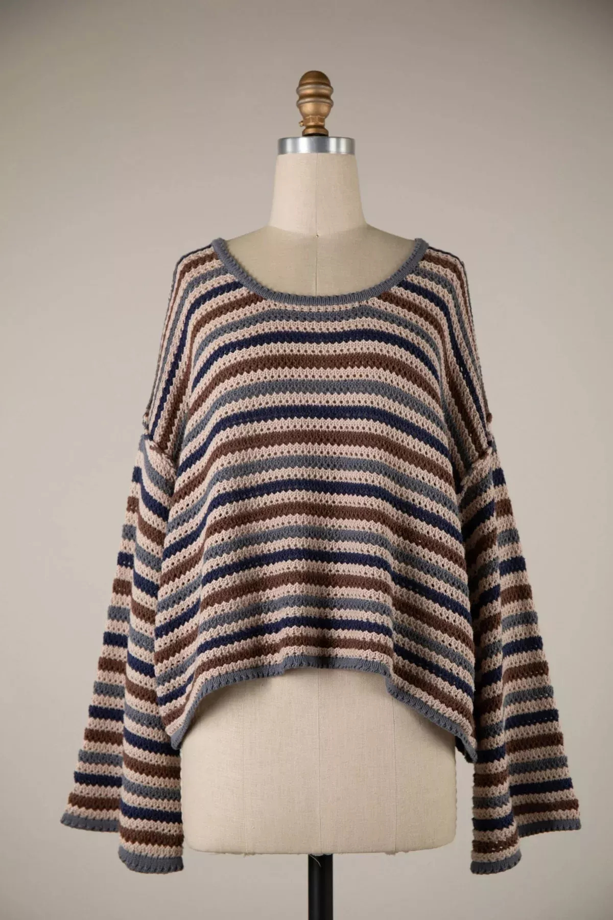 Angie Taupe Multi Striped Crochet Sweater | Boho Pink