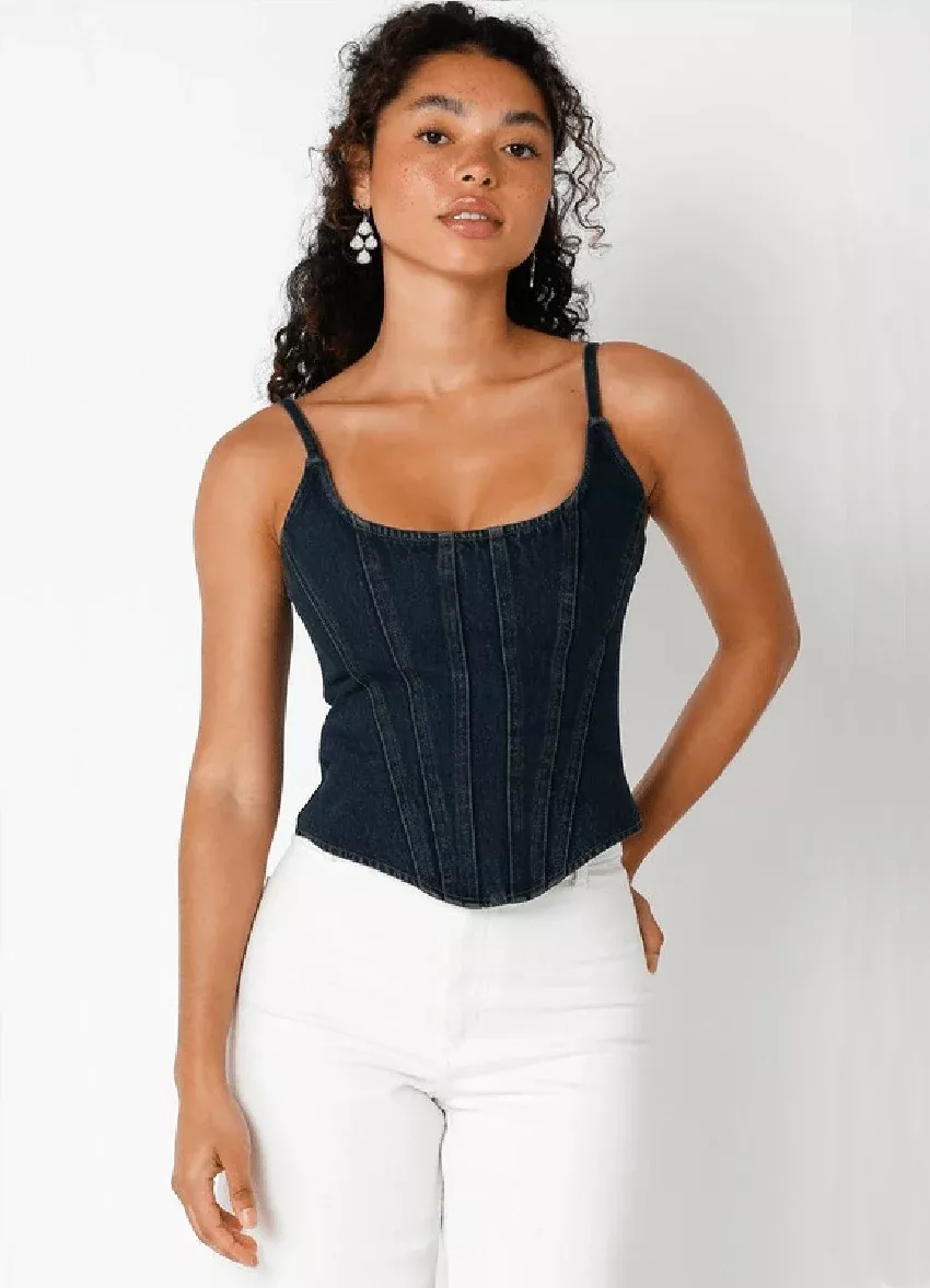 Annabelle Dark Denim Corset Top | Boho Pink