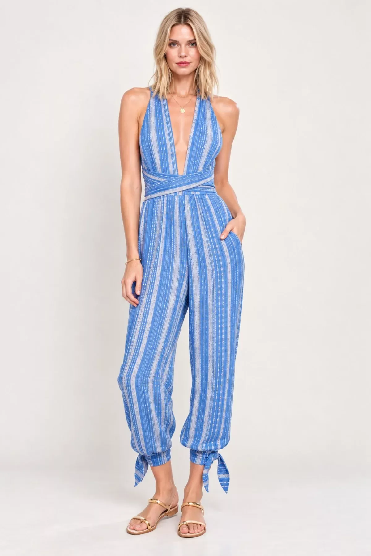 Aphrodite Blue Boho Print Plunge Jumpsuit | Boho Pink