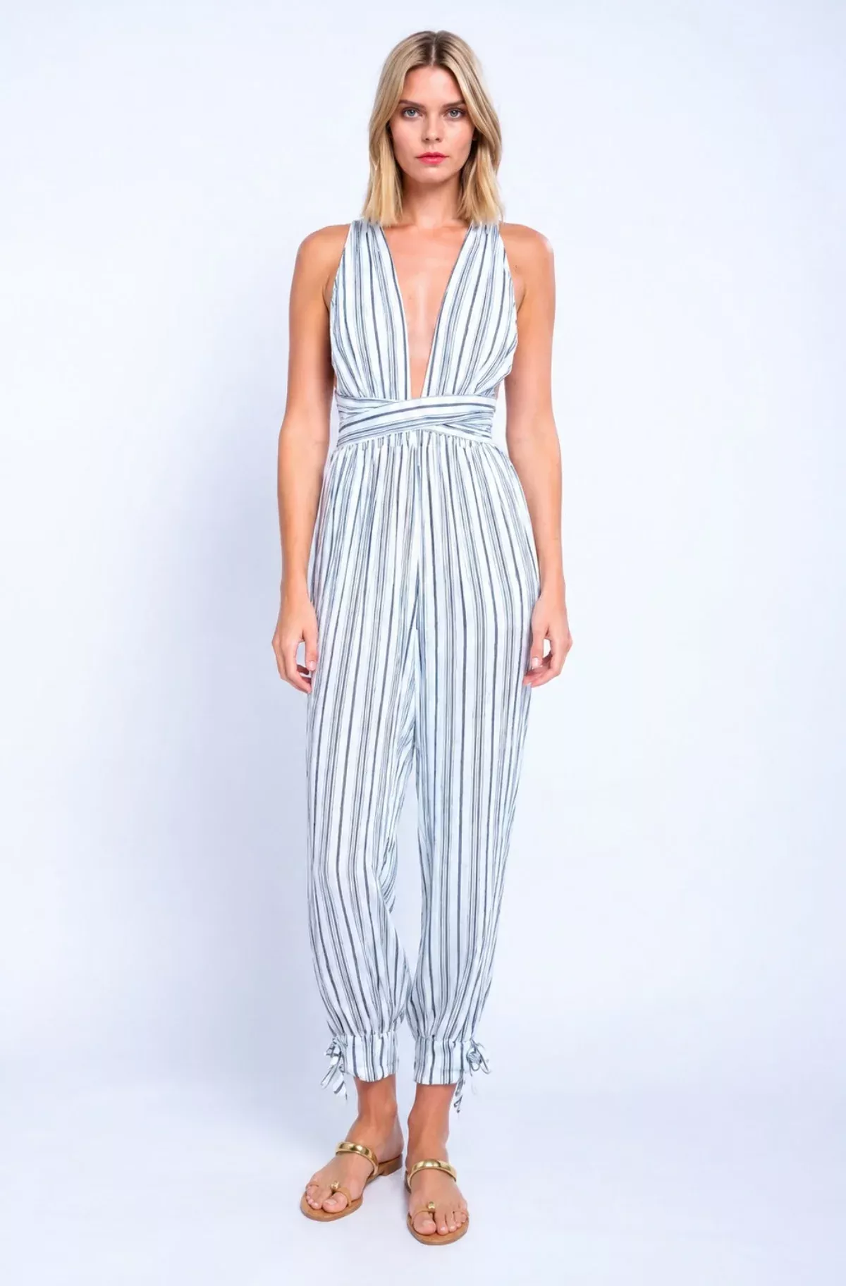Aphrodite White and Black Striped Plunge Jumpsuit | Boho Pink