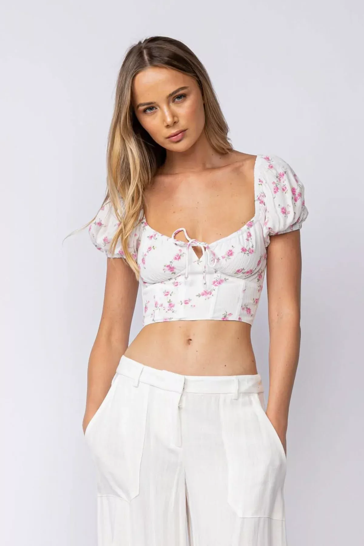Appian Way White & Pink Floral Puff Sleeve Crop Top | Boho Pink