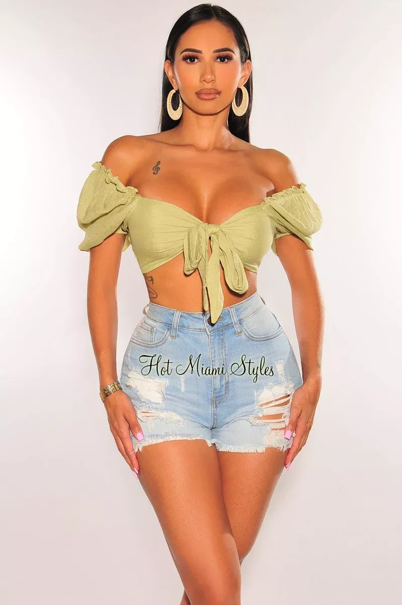 Apple Green Linen Puffed Sleeve Tie Up Smocked Crop Top