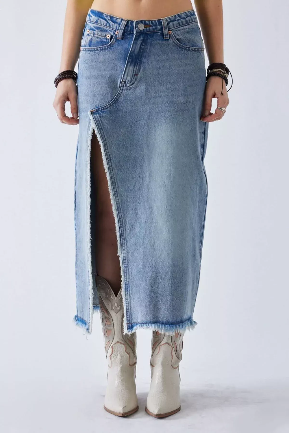 Arden Medium Wash Denim Midi Skirt | Boho Pink