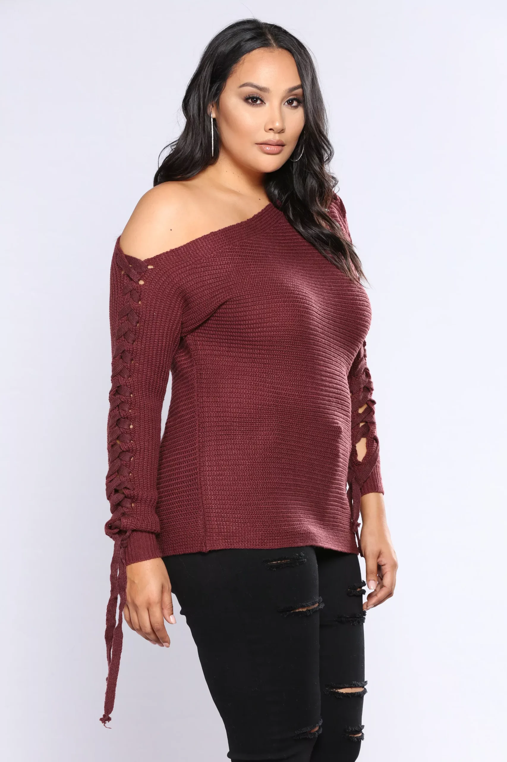 Are You Ready Lace Up Sweater - Wine