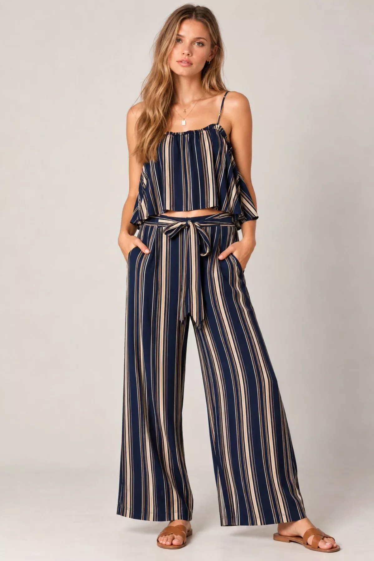 Aretti Navy Striped Flounce Top Two-Piece Jumpsuit | Boho Pink