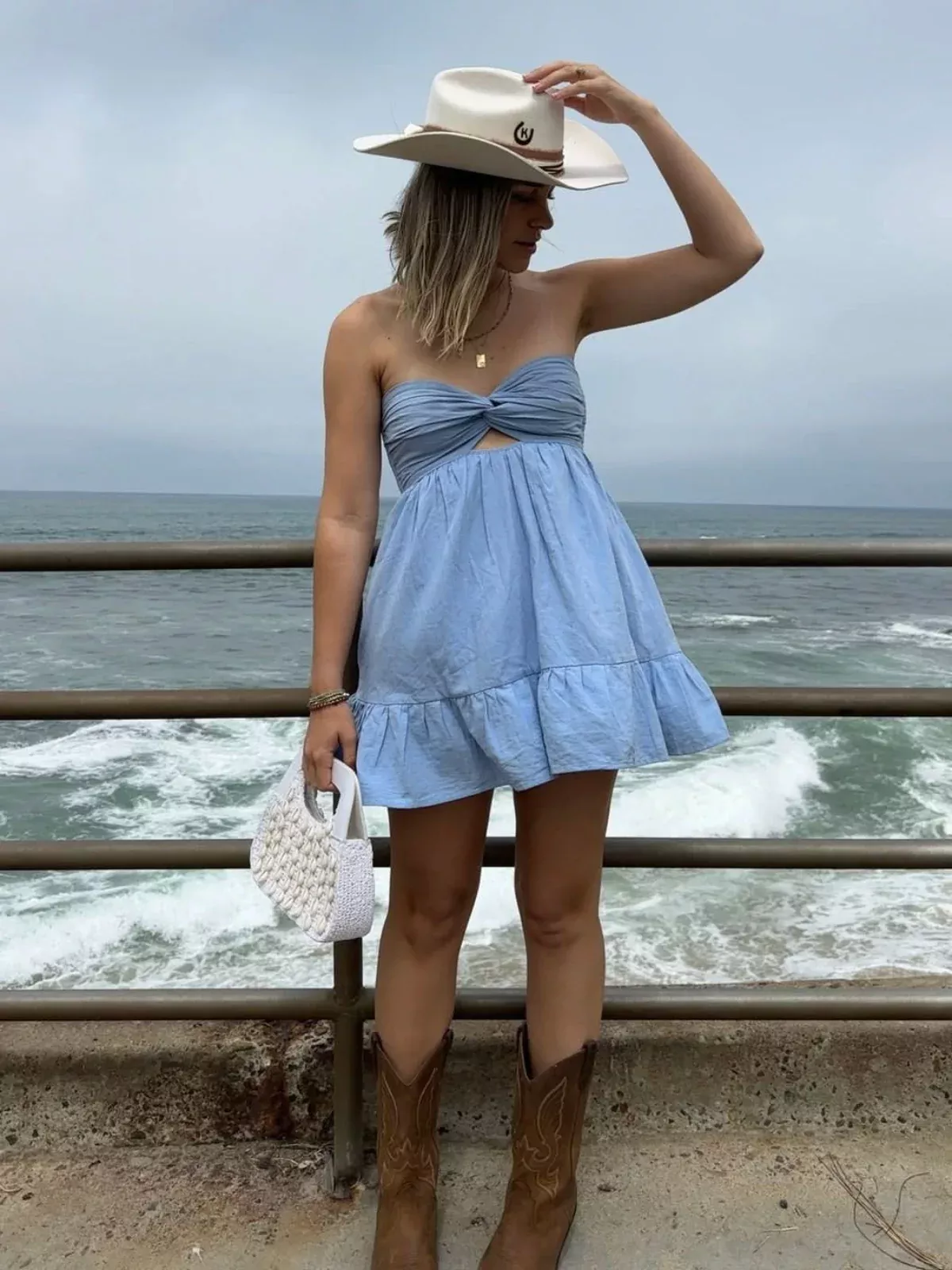 Argie Chambray Blue Strapless Romper | Boho Pink