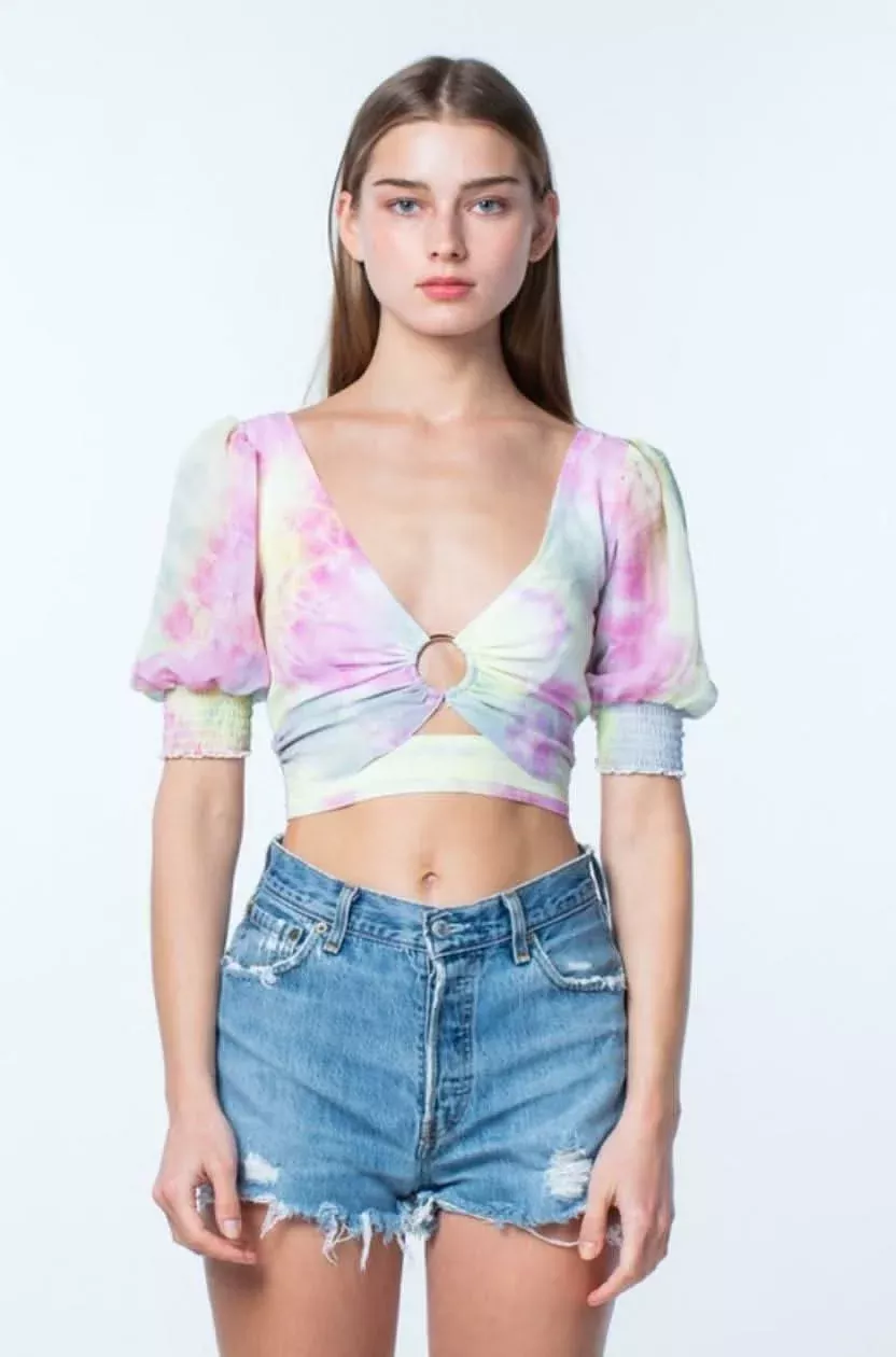Arinna Rainbow Tie-Dye Wrap Crop Top | Boho Pink