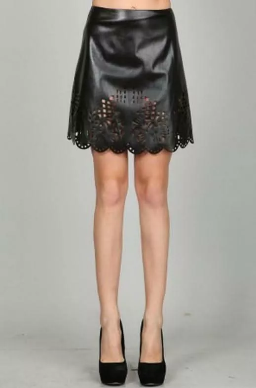 Ark & Co Party On Black Vegan Leather Laser Cut Skirt | Boho Pink