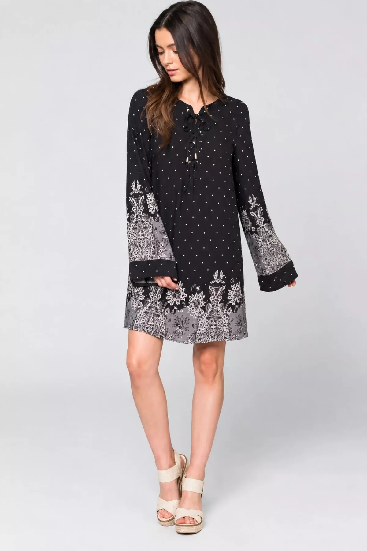 Ashbury Black Floral Print Bell Sleeve Shift Dress | Boho Pink