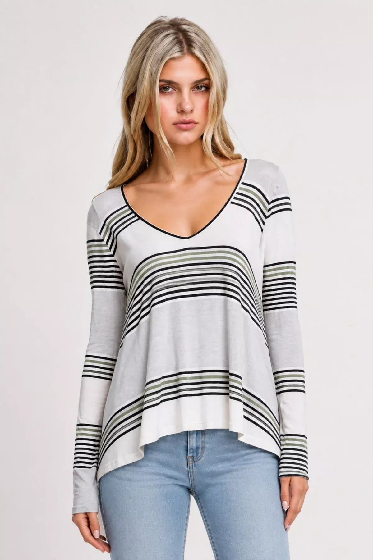 Aubrey Olive Striped Long Sleeve Top | Boho Pink