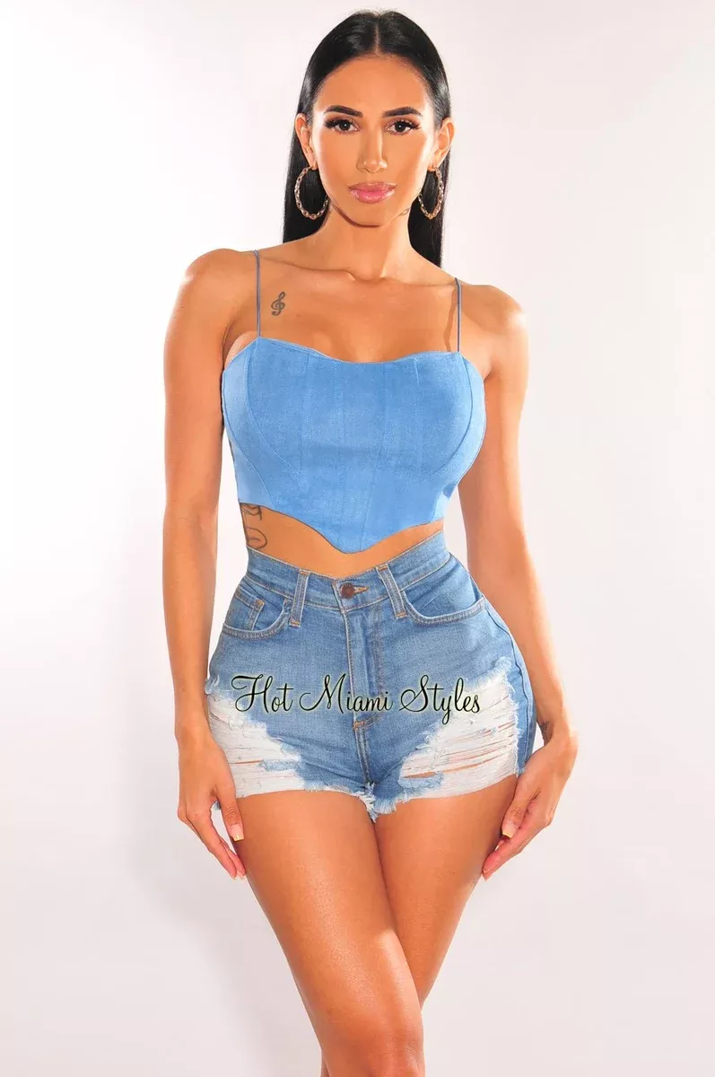 Baby Blue Elastic Straps Bustier Curved Hem Crop Top